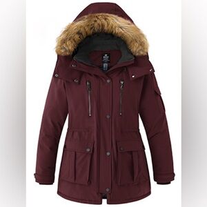 Women's Maroon Ski Jacket with Faux Fur Hood